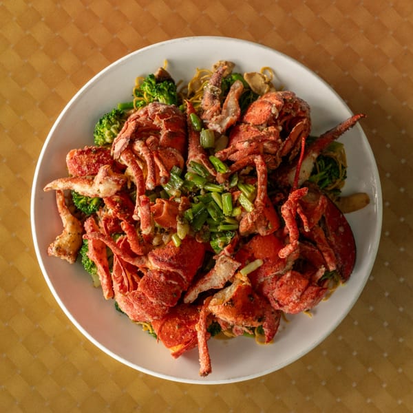 A large white plate filled with stir-fried lobster, noodles, broccoli, and green onions.